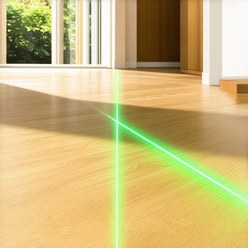 A green laser level tool projecting lines across a hardwood floor for alignment