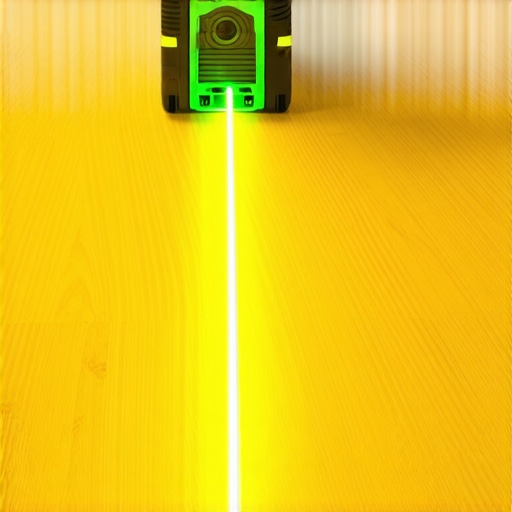 Using a Laser Level for Subfloor Flatness Green cross-line laser level showing high and low spots on a plywood subfloor.
