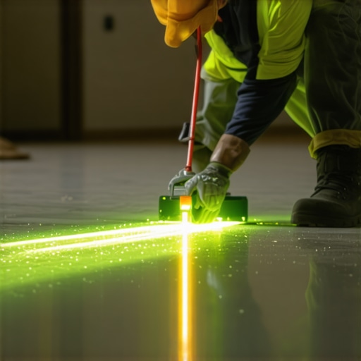 Using a Laser Level for Subfloor Precision Contractor checking floor flatness with a laser level and target plate.