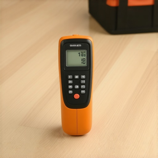 A digital moisture meter checking the moisture content of a new wood floor installation.