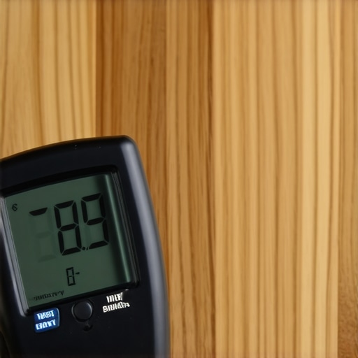 Using a Moisture Meter on Hardwood A digital moisture meter checking the moisture content of a new hardwood floor.