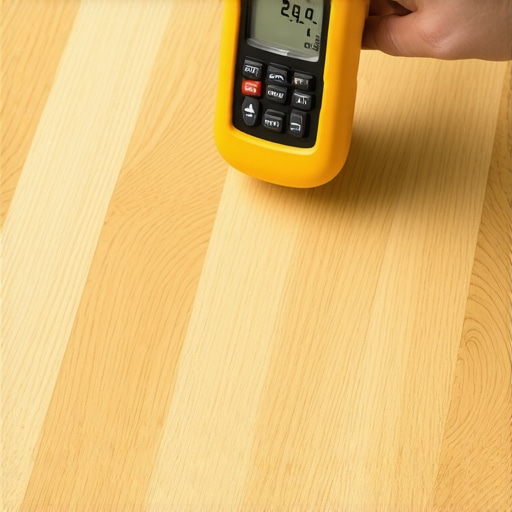 Close up of a digital moisture meter testing a white oak floor for moisture content.