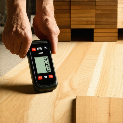 Using a Moisture Meter on Subfloor Pro installer checking subfloor moisture levels with a digital meter before hardwood installation