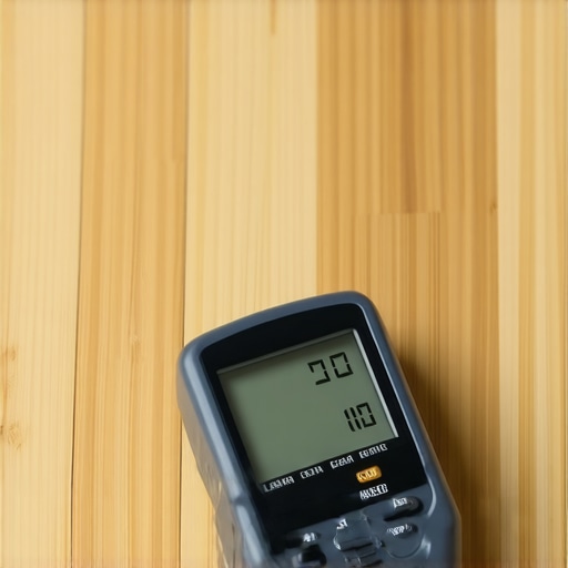 A digital moisture meter measuring the moisture content of an oak floor