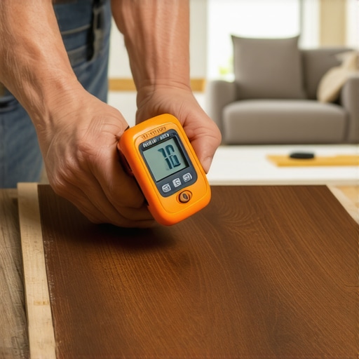 A professional testing the moisture content of cherry hardwood flooring with a digital meter.