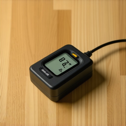 Digital pinless moisture meter checking humidity of white oak hardwood flooring.