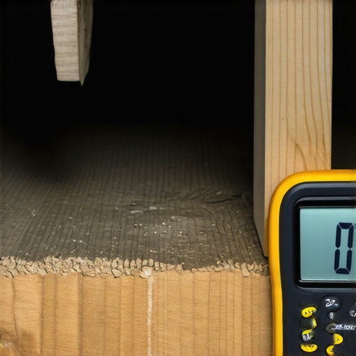 Using a Professional Moisture Meter on Floor Joists A digital moisture meter measuring the water content of a wooden floor joist before reinforcement.