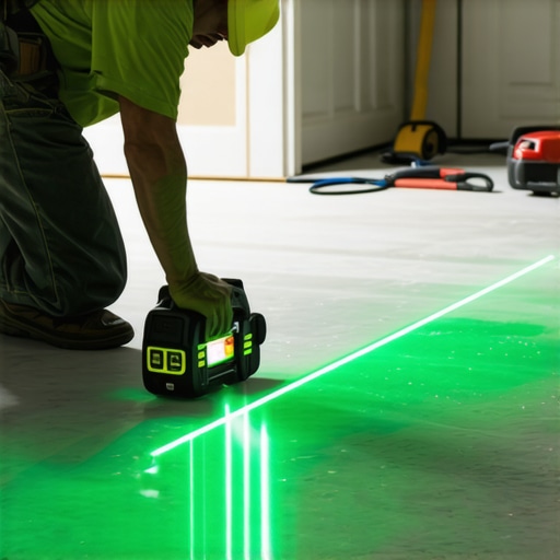 Using a Rotary Laser Level for Perfect Subfloor Mapping A green laser level line showing the level plane on a concrete subfloor for flooring installation