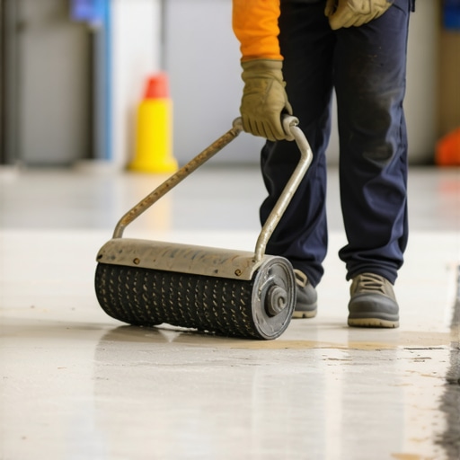 Using a Spike Roller for Perfect Floor Leveling Contractor spreading self-leveling compound with a spike roller on concrete.