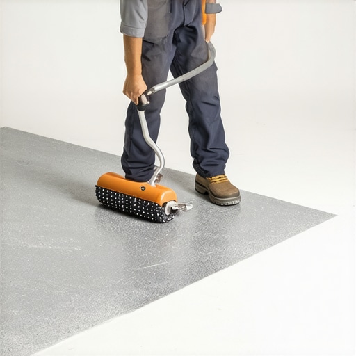 Contractor spreading self-leveling compound with a spiked roller to ensure subfloor flatness