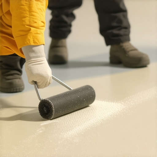 Using a Spiked Roller for Floor Leveling A person using a spiked roller on wet self-leveling underlayment to ensure a smooth finish.