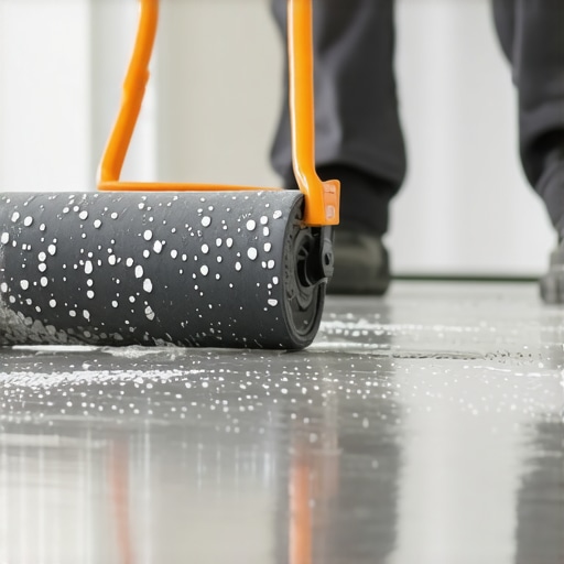 Using a Spiked Roller for Floor Leveling A contractor spreading self-leveling compound with a spiked roller to ensure a flat subfloor.