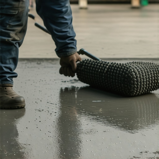 Professional spiked roller being used on a fresh self-leveling floor pour