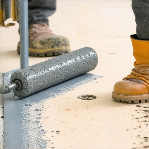 Using a Spiked Roller for Leveling Contractor breaking surface tension on self-leveling compound with a spiked roller.