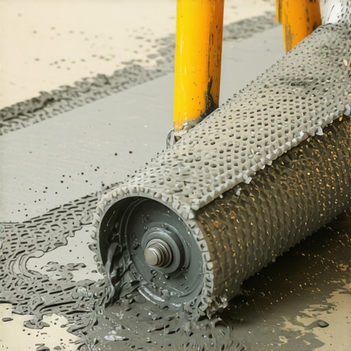 Professional floor installer using a spiked roller on wet self-leveling underlayment to prevent air bubbles.
