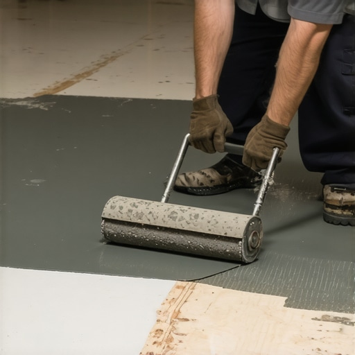 Spiked roller spreading grey self leveler over plywood subfloor