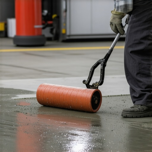 Contractor using a spiked roller on wet self-leveling compound.
