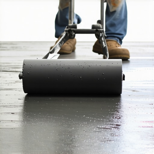 Professional using a spiked roller on wet self-leveling compound to prevent air bubbles and pitting.