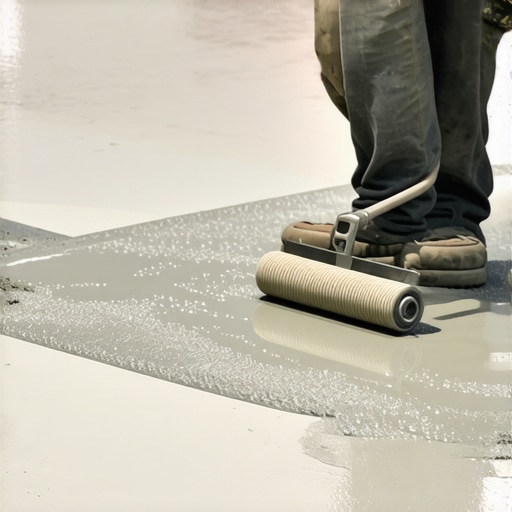Using a Spiked Roller for Perfect Self-Leveling A professional using a spiked roller to smooth out self-leveling compound on a concrete subfloor.