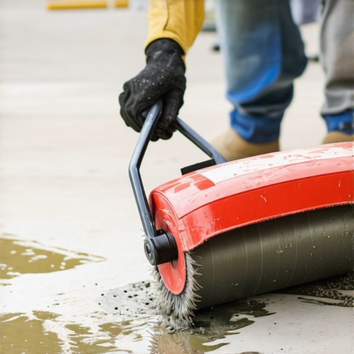 Contractor smoothing a self-leveling floor pour with a spiked roller to prevent bubbles.