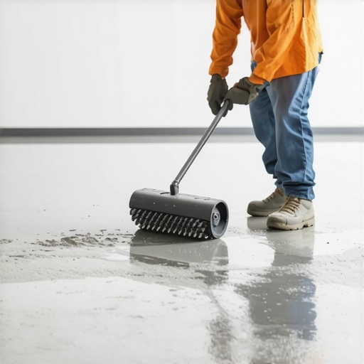 Using a Spiked Roller on Self-Leveling Compound Close-up of a spiked roller smoothing out liquid self-leveling underlayment on a subfloor.
