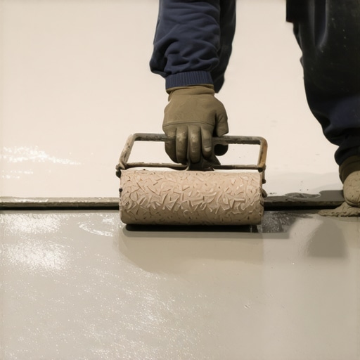 A contractor uses a specialized spiked roller to smooth out wet gray self-leveling compound on a subfloor.