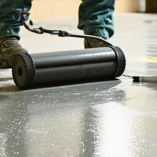 Using a Spiked Roller on Wet Self-Leveling Compound A contractor popping air bubbles in fresh self-leveling compound with a spiked roller
