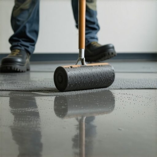 Using a Spiky Roller for Floor Leveling A worker using a spiky roller to remove air bubbles from a wet self-leveling floor pour.