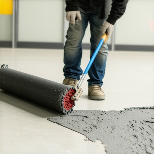 Contractor using a spiky roller to level a concrete floor.