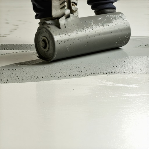 Using a Spiky Roller for Smooth Leveling A professional using a spiked roller to remove air bubbles from wet self-leveling compound.