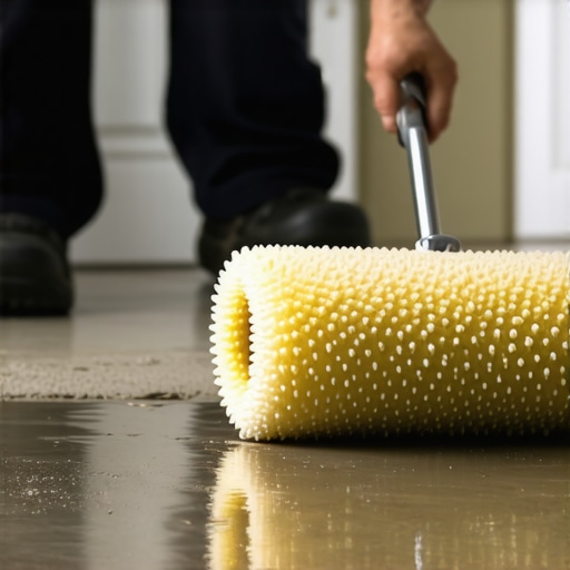 Using a Spiky Roller for Smooth Subfloors A contractor using a spiky roller to level flooring compound for tile installation.
