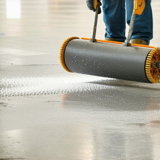 Using a Spiky Roller on Self-Leveling Compound Close-up of a spiky roller releasing air bubbles from fresh self-leveling floor compound