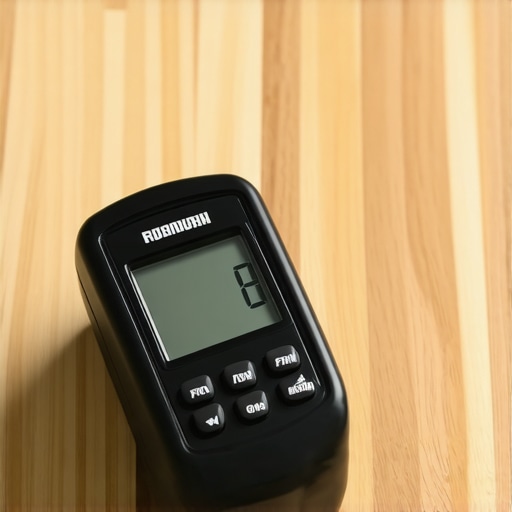 Using a digital moisture meter on hardwood Close-up of a digital moisture meter testing hardwood floor moisture levels for professional installation.