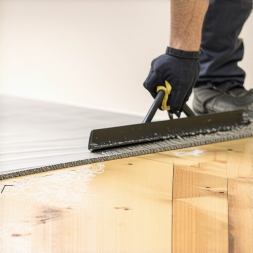 Using a gauge rake for floor leveling Professional worker using a gauge rake to spread self-leveling underlayment evenly.