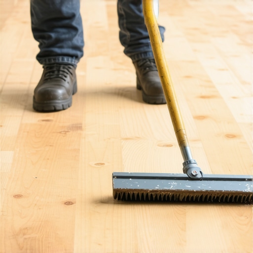 Using a long-handled scraper for subfloor prep Man using a floor scraper to remove carpet staples from a plywood subfloor