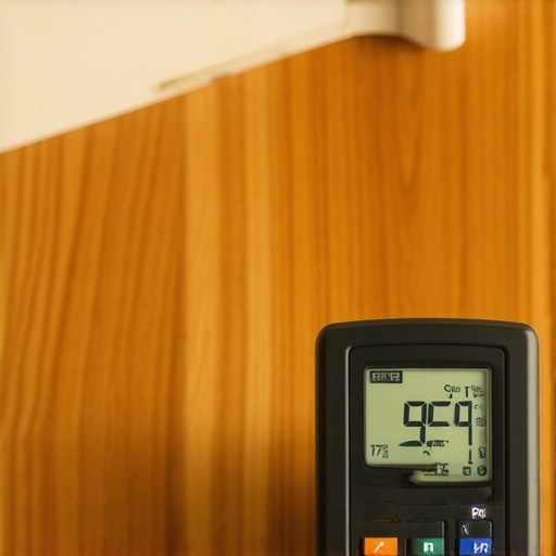 Using a moisture meter for floor maintenance A pro moisture meter checking hardwood floor humidity near an HVAC vent