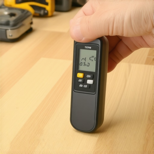 Using a moisture meter on new hardwood Digital moisture meter measuring the moisture content of a hardwood plank during installation.
