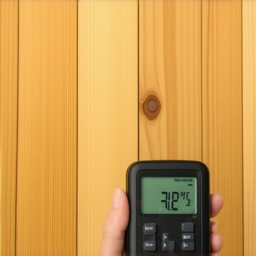 A pinless moisture meter checking the moisture levels of heart pine flooring during a renovation.