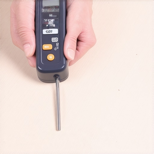 Contractor measuring hardwood floor moisture level with a pinless meter before installation
