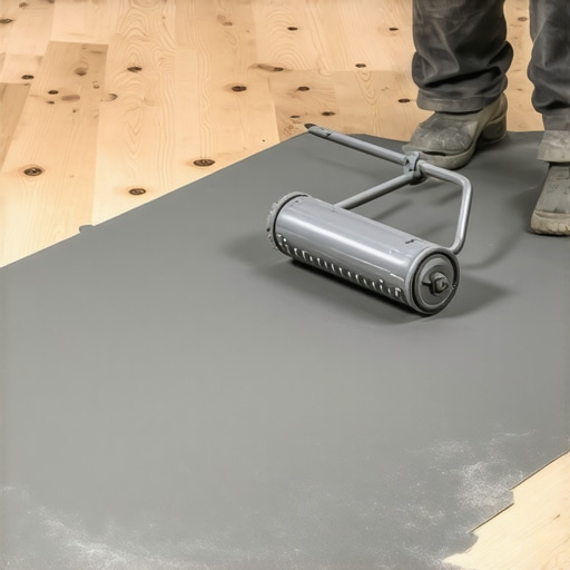 Using a spiked roller for floor leveling A worker using a spiked roller on grey self-leveling compound over a subfloor
