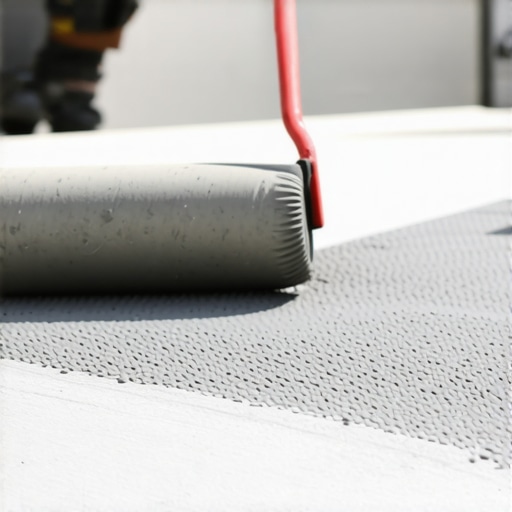 Using a spiked roller for professional floor leveling Professional flooring installer using a spiked roller on wet self-leveling compound
