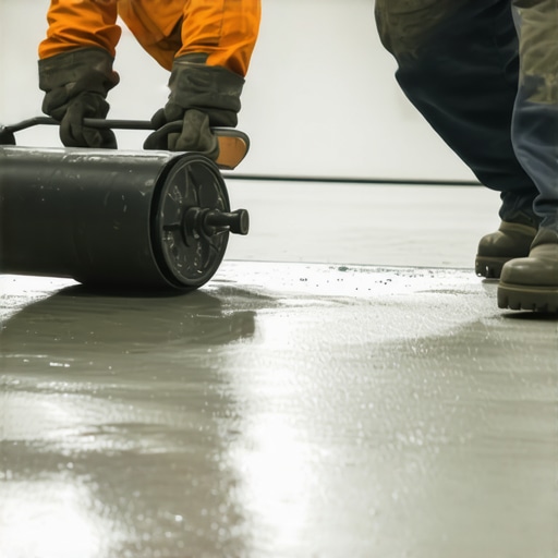 Contractor using a spiked roller to remove air bubbles from self-leveling compound on a subfloor.
