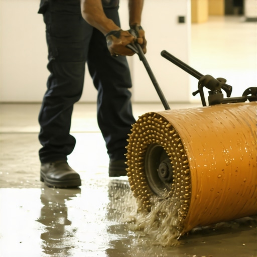 Using a spiked roller on self leveling compound Professional floor leveling technique using a spiked roller to prevent air bubbles and humps.