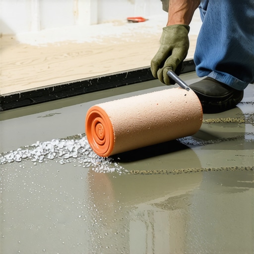 A professional using a spiked roller to remove air bubbles from freshly poured floor leveler.