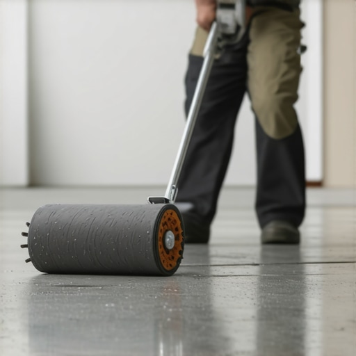 A contractor removing air bubbles from wet self-leveling compound with a spiked roller.
