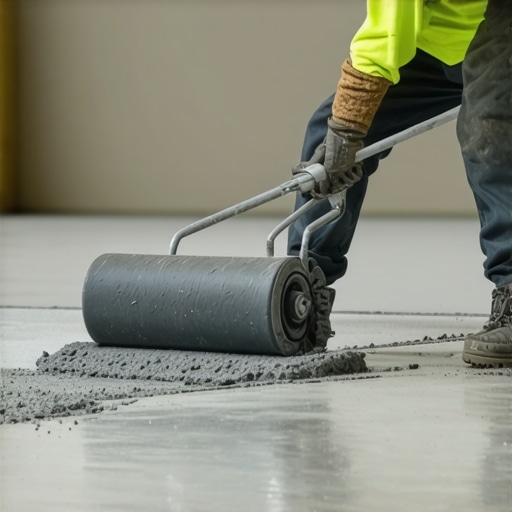 Using a spiky roller for a smooth floor finish Professional floor leveling with a spiky roller to remove air bubbles from compound
