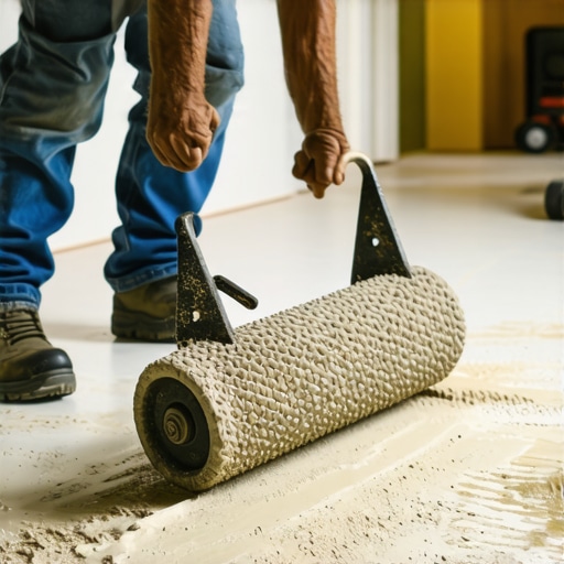 Professional contractor using a spiky roller on self-leveling compound