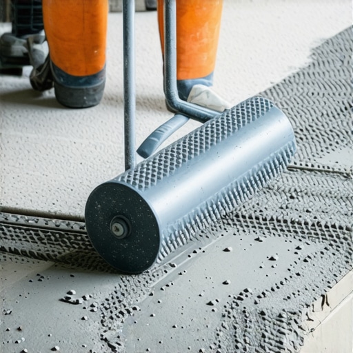 Using a spiky roller for a smooth self-leveling finish A contractor smoothing self-leveling compound with a spiky roller to prevent air bubbles.