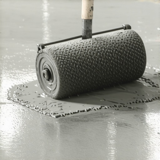 A contractor leveling a subfloor with a spiky roller tool