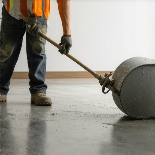 Using a spiky roller for smooth floor leveling Contractor using a spiky roller on self-leveling compound to ensure a flat subfloor for tile installation.